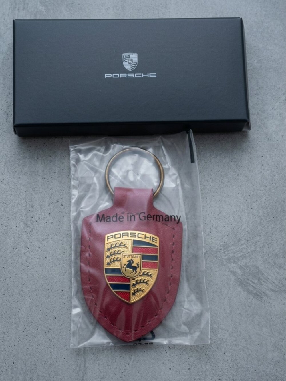 New Genuine Porsche OEM Red Leather Crest Key Ring Fob Chain Luxury Keychain